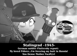 Size: 971x698 | Tagged: safe, derpibooru import, edit, edited screencap, screencap, fluttershy, equestria girls, equestria girls series, holidays unwrapped, spoiler:eqg series (season 2), clothes, coffee, fake history, german soldier, nazi, parody, stalingrad, thousand yard stare