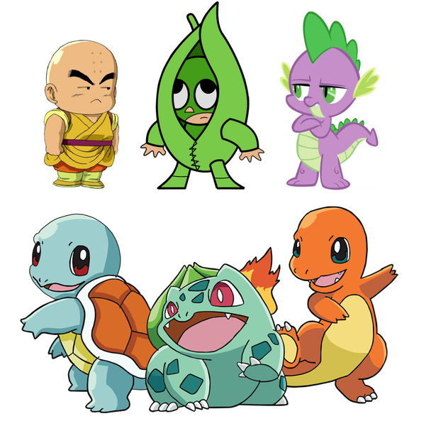 Size: 1231x1214 | Tagged: barely pony related, bulbasaur, charmander, comparison, derpibooru import, dragon ball, dragon ball z, krillin, mucha lucha, obligatory dragon, pokémon, safe, spike, squirtle