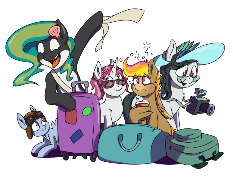 Size: 3638x2820 | Tagged: artist needed, safe, derpibooru import, oc, oc:marina (efnw), oc:mocha sunrise, oc:novella, oc:sharp focus, unofficial characters only, earth pony, orca, orca pony, original species, pegasus, pony, unicorn, bag, camera, cup, drunk bubbles, earth pony oc, everfree northwest, glasses, goggles, hat, hoof hold, horn, looking up, pegasus oc, sick, simple background, suitcase, sun hat, transparent background, unicorn oc, wing hands, wings