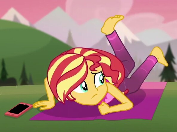 Size: 593x444 | Tagged: safe, derpibooru import, screencap, sunset shimmer, equestria girls, equestria girls series, wake up!, spoiler:eqg series (season 2), cropped, feet, mobile phone, phone, smartphone, solo, wake up!: rainbow dash, yoga, yoga pose