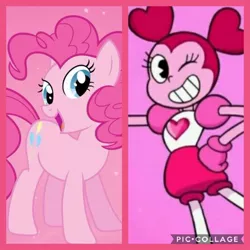 Size: 1080x1080 | Tagged: safe, derpibooru import, pinkie pie, earth pony, pony, comparison, duo, female, mare, one eye closed, pacman eyes, pink, spinel (steven universe), spoilers for another series, steven universe, steven universe: the movie, wink