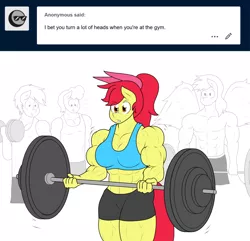 Size: 1280x1236 | Tagged: safe, artist:matchstickman, derpibooru import, apple bloom, oc, oc:calm wind, anthro, earth pony, pegasus, tumblr:where the apple blossoms, abs, apple bloom's bow, apple brawn, background pony, barbell, biceps, bodybuilder, bow, breasts, busty apple bloom, clothes, deltoids, dumbbell (object), female, gym, hair bow, image, male, matchstickman's apple brawn series, muscles, older, older apple bloom, pecs, png, shorts, simple background, solo focus, sports bra, sports shorts, spread wings, thighs, thunder thighs, tumblr comic, vein, weight lifting, white background, wingboner, wings
