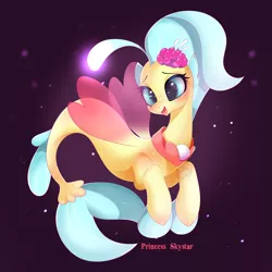 Size: 900x900 | Tagged: safe, artist:snow angel, derpibooru import, princess skystar, seapony (g4), my little pony: the movie, blue eyes, blue mane, blushing, bubble, clothes, cute, digital art, dorsal fin, female, fin wings, fins, fish tail, flower, flower in hair, flowing mane, flowing tail, freckles, glow, image, jewelry, necklace, ocean, open mouth, pearl necklace, png, seaquestria, see-through, skyabetes, smiling, solo, swimming, tail, underwater, water, wings