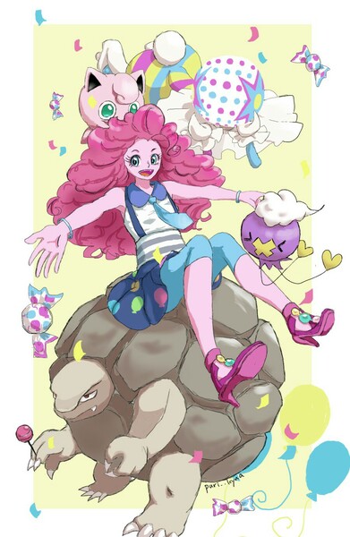 Size: 900x1380 | Tagged: safe, artist:puri__kyua, derpibooru import, pinkie pie, drifloon, golem (pokémon), jigglypuff, equestria girls, friendship games, crossover, cute, diapinkes, female, necktie, pokémon