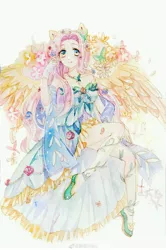 Size: 3599x5416 | Tagged: artist:菥栎ririko, clothes, derpibooru import, dress, female, fluttershy, human, humanized, looking at you, safe, solo, winged humanization, wings