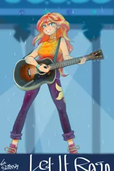 Size: 1000x1500 | Tagged: safe, artist:sozglitch, derpibooru import, sunset shimmer, equestria girls, equestria girls series, let it rain, spoiler:eqg series (season 2), female, guitar, musical instrument, smiling, solo