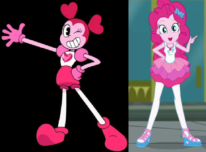 Size: 667x491 | Tagged: safe, derpibooru import, pinkie pie, equestria girls, equestria girls series, super squad goals, comparison, geode of sugar bombs, magical geodes, spinel (steven universe), spoilers for another series, steven universe, steven universe: the movie