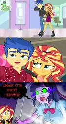 Size: 492x909 | Tagged: safe, artist:uotapo, derpibooru import, edit, screencap, flash sentry, sunset shimmer, twilight sparkle, cheer you on, do it for the ponygram!, equestria girls, equestria girls series, spoiler:eqg series (season 2), female, flashimmer, implied flashlight, implied shipping, implied straight, jealous, male, shipping, sombra eyes, spanish, straight, translated in the description