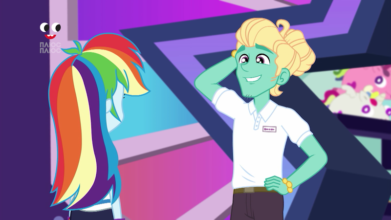 Size: 1280x720 | Tagged: safe, derpibooru import, screencap, rainbow dash, zephyr breeze, equestria girls, equestria girls series, holidays unwrapped, spoiler:eqg series (season 2), arm behind head, canterlot mall, clothes, cute, dashing through the mall, grin, nervous, nervous grin, pants, plusplus, smiling, zephyrbetes