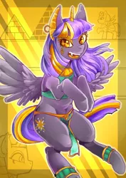 Size: 1000x1411 | Tagged: safe, artist:hobilo, derpibooru import, somnambula, sphinx (character), twilight sparkle, twilight sparkle (alicorn), alicorn, pony, sphinx, alternate hairstyle, anubis, clothes, ear piercing, earring, egyptian, fangs, female, jewelry, loincloth, mare, monster mare, piercing, solo