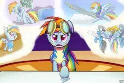 Size: 1200x800 | Tagged: artist:paradigmpizza, blaze, clothes, derpibooru import, female, filly, filly rainbow dash, goggles, misty fly, rainbow dash, safe, soarin', surprise, uniform, wave chill, wing-ups, wonderbolts, wonderbolts academy, wonderbolt trainee uniform, younger