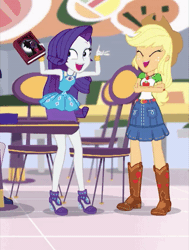 Size: 340x450 | Tagged: safe, derpibooru import, edit, edited screencap, screencap, applejack, rarity, equestria girls, equestria girls series, holidays unwrapped, spoiler:eqg series (season 2), animated, beautiful, book, boots, chair, clothes, cropped, cute, eyes closed, freckles, geode of shielding, geode of super strength, gif, happy, hat, holding up, looking at something, magical geodes, raribetes, shoes, standing, table