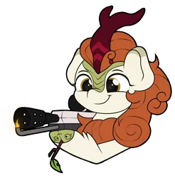 Size: 2274x2313 | Tagged: artist:ljdamz1119, autumn blaze, autumn blaze's puppet, delet this, derpibooru import, female, flamethrower, kirin, quadrupedal, safe, simple background, smiling, solo, sounds of silence, transparent background, weapon