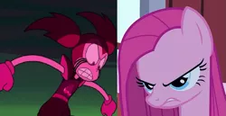 Size: 783x404 | Tagged: safe, derpibooru import, edit, screencap, pinkie pie, pony, party of one, angry, comparison, pinkamena diane pie, spinel (steven universe), steven universe, steven universe: the movie