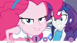 Size: 1920x1080 | Tagged: safe, derpibooru import, screencap, pinkie pie, rarity, do it for the ponygram!, equestria girls, equestria girls series, spoiler:eqg series (season 2), close-up, duo, duo female, female, geode of shielding, geode of sugar bombs, grin, lidded eyes, lip bite, looking at you, magical geodes, rarity's bedroom, recording, smiling, webcam