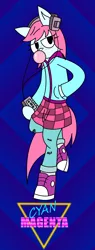 Size: 970x2560 | Tagged: 80's fashion, 80's style, artist:derpanater, bipedal, bubblegum, clothes, converse, cute, derpibooru import, female, food, freckles, gum, headphones, high tops, hoodie, jeans, oc, oc:cyan magenta, pants, plaid skirt, safe, shoes, simple background, skirt, sneakers, unofficial characters only, walkman