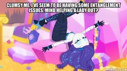 Size: 600x337 | Tagged: safe, derpibooru import, edit, edited screencap, screencap, rarity, do it for the ponygram!, equestria girls, equestria girls series, spoiler:eqg series (season 2), caption, grammar error, image macro, rotary phone, tangled up, telephone cord, text, the other side bloopers