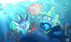 Size: 2600x1561 | Tagged: safe, artist:lycania29, derpibooru import, oc, oc:sea glow, fish, pegasus, pony, vaporeon, air tank, commission, duo, ocean, pokémon, scuba, scuba gear, scuba mask, underwater, wetsuit