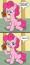 Size: 1300x2800 | Tagged: safe, artist:anonpotato, derpibooru import, pinkie pie, pony, /mlp/, 4chan, colored, container, cute, drawthread, funny, pumpkin spice, really?, redundant, solo