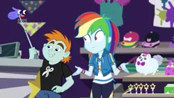 Size: 1280x720 | Tagged: safe, derpibooru import, screencap, rainbow dash, snips, equestria girls, equestria girls series, holidays unwrapped, spoiler:eqg series (season 2), cap, clothes, female, geode of super speed, hat, magical geodes, male, pants, plusplus, shirt, smiling, toy