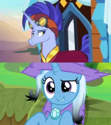 Size: 1280x1440 | Tagged: safe, derpibooru import, edit, screencap, hoo'far, trixie, pony, a horse shoe-in, road to friendship, female, male, shipping, shipping domino, straight, trixfar