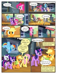 Size: 612x792 | Tagged: safe, artist:newbiespud, derpibooru import, edit, edited screencap, screencap, apple cider (character), applejack, apricot bow, caramel, cherry cola, cherry fizzy, cornflower, fluttershy, peachy sweet, perfect pie, pinkie pie, rainbow dash, rarity, twilight sparkle, wildwood flower, earth pony, pegasus, pony, unicorn, comic:friendship is dragons, the last roundup, apple family member, background pony, bag, comic, dialogue, flying, freckles, grin, hat, jumping, male, mane six, onomatopoeia, open mouth, outhouse, pointing, raised hoof, sad, saddle bag, screencap comic, smiling, stallion, unicorn twilight, wagon, worried