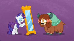 Size: 800x450 | Tagged: safe, derpibooru import, screencap, rarity, yona, ponified, earth pony, pony, unicorn, yak, she's all yak, animated, bow, cloven hooves, duo, female, fit right in, gif, hair bow, mare, mirror, pony yona, purple background, simple background, species swap