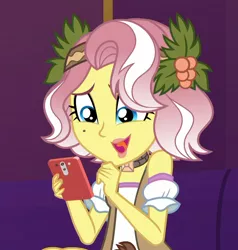 Size: 1028x1080 | Tagged: safe, derpibooru import, screencap, vignette valencia, equestria girls, equestria girls series, inclement leather, spoiler:choose your own ending (season 2), spoiler:eqg series (season 2), bare shoulders, beauty mark, cropped, female, flower, flower in hair, holly, inclement leather: vignette valencia, mobile phone, open mouth, phone, smartphone, smiling, solo, tongue out