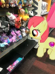 Size: 3024x4032 | Tagged: safe, derpibooru import, photographer:undeadponysoldier, apple bloom, earth pony, pony, augmented reality, creeper, crossover, female, filly, five nights at freddy's, foxy, foxy the pirate fox, gameloft, gamestop, irl, merchandise, minecraft, photo, plushie, ponies in real life