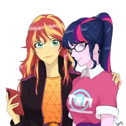 Size: 800x800 | Tagged: safe, artist:extraluna, derpibooru import, sci-twi, sunset shimmer, twilight sparkle, equestria girls, equestria girls series, spoiler:eqg series (season 2), clothes, female, lesbian, mobile phone, phone, scitwishimmer, shipping, smiling, sunsetsparkle