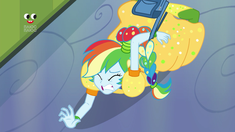 Size: 1280x720 | Tagged: safe, derpibooru import, screencap, rainbow dash, equestria girls, equestria girls series, holidays unwrapped, spoiler:eqg series (season 2), clothes, dress, eyes closed, falling, female, plusplus, rainbow dash always dresses in style