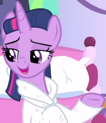 Size: 620x718 | Tagged: safe, derpibooru import, screencap, twilight sparkle, twilight sparkle (alicorn), alicorn, pony, rarity's biggest fan, spoiler:interseason shorts, alternate hairstyle, bathrobe, clothes, cropped, cute, female, lidded eyes, mare, open mouth, ponyville spa, robe, smiling, solo, spa, twiabetes