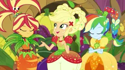 Size: 1280x720 | Tagged: safe, derpibooru import, screencap, applejack, rainbow dash, sunset shimmer, equestria girls, equestria girls series, holidays unwrapped, spoiler:eqg series (season 2), clothes, crossed arms, dress, eyes closed, female, plusplus, smiling