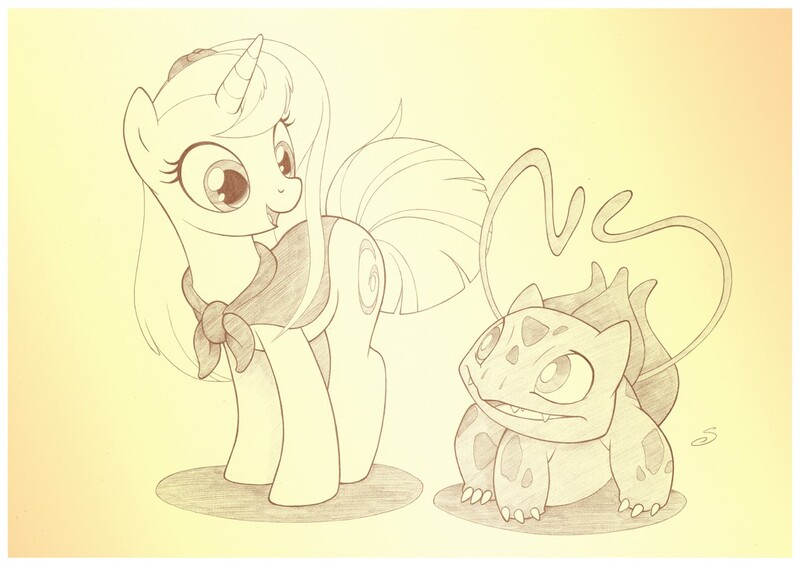 Size: 1073x759 | Tagged: safe, artist:sherwoodwhisper, derpibooru import, oc, oc:eri, oc:whisper, unofficial characters only, bulbasaur, mouse, pony, unicorn, cape, clothes, female, filly, monochrome, pokémon, traditional art