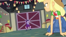 Size: 1280x720 | Tagged: safe, derpibooru import, screencap, applejack, sci-twi, twilight sparkle, equestria girls, equestria girls series, holidays unwrapped, spoiler:eqg series (season 2), applejack's hat, belt, boots, clothes, cowboy hat, denim skirt, freckles, geode of super strength, geode of telekinesis, glasses, hat, legs, magical geodes, plusplus, ponytail, shoes, skirt, socks, stetson