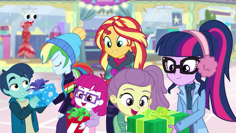 Size: 1280x720 | Tagged: safe, derpibooru import, screencap, henry handle, lily pad (equestria girls), little red, manestrum, rainbow dash, sci-twi, sunset shimmer, twilight sparkle, equestria girls, equestria girls series, holidays unwrapped, spoiler:eqg series (season 2), canterlot mall, clothes, earmuffs, eyes closed, female, glasses, kids, male, plusplus, ponytail, present, smiling, winter outfit