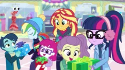 Size: 1280x720 | Tagged: safe, derpibooru import, screencap, henry handle, lily pad (equestria girls), little red, manestrum, rainbow dash, sci-twi, sunset shimmer, twilight sparkle, equestria girls, equestria girls series, holidays unwrapped, spoiler:eqg series (season 2), canterlot mall, clothes, earmuffs, eyes closed, female, glasses, kids, male, plusplus, ponytail, present, smiling, winter outfit