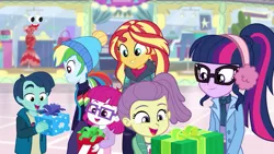 Size: 1280x720 | Tagged: safe, derpibooru import, screencap, henry handle, lily pad (equestria girls), little red, manestrum, sci-twi, sunset shimmer, twilight sparkle, equestria girls, equestria girls series, holidays unwrapped, spoiler:eqg series (season 2), canterlot mall, clothes, earmuffs, female, glasses, kids, male, plusplus, present, winter outfit