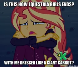 Size: 600x512 | Tagged: safe, derpibooru import, edit, edited screencap, screencap, sunset shimmer, equestria girls, equestria girls series, holidays unwrapped, sunset's backstage pass!, spoiler:eqg series (season 2), caption, cropped, discussion by background ponies, image macro, sad, solo, sunsad shimmer, text, the end of equestria girls, thems the breaks