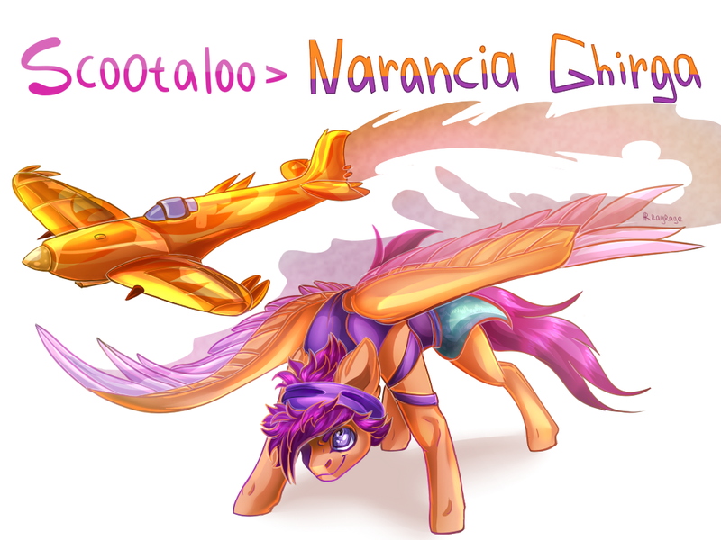 Size: 1024x768 | Tagged: safe, artist:raychelrage, derpibooru import, scootaloo, pony, aerosmith, crossover, golden wind, jojo's bizarre adventure, narancia ghirga, simple background, smiling, spread wings, stand, vento aureo, white background, wings