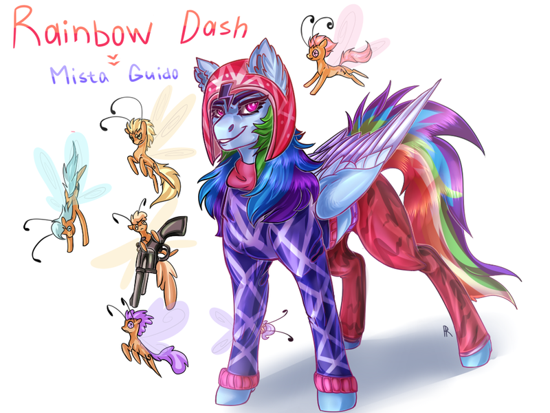 Size: 1024x768 | Tagged: safe, artist:raychelrage, derpibooru import, rainbow dash, breezie, pony, crossover, golden wind, guido mista, gun, jojo's bizarre adventure, sex pistols, simple background, smiling, stand, vento aureo, weapon, white background