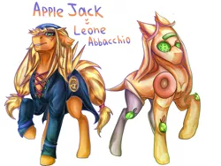 Size: 1024x768 | Tagged: applejack, artist:raychelrage, crossover, derpibooru import, golden wind, jojo's bizarre adventure, leone abbachio, moody blues, raised hoof, safe, simple background, stand, vento aureo, white background