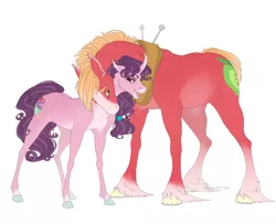 Size: 1600x1300 | Tagged: safe, artist:dementra369, derpibooru import, big macintosh, sugar belle, earth pony, pony, unicorn, blaze (coat marking), body freckles, curved horn, cute, cutie mark, female, freckles, horn, looking at each other, macabetes, male, mare, neck nuzzle, open mouth, pale belly, shipping, simple background, smiling, stallion, straight, sugarbetes, sugarmac, unshorn fetlocks, white background