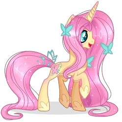 Size: 1689x1693 | Tagged: safe, artist:angellightyt, derpibooru import, fluttershy, butterfly, pony, unicorn, spoiler:g5, female, fluttershy (g5), g5, long hair, mare, one hoof raised, simple background, solo, transparent background, unicorn fluttershy