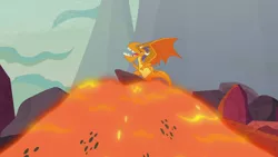 Size: 1280x720 | Tagged: billy (dragon), derpibooru import, dragon, lava, lavafall, lava surfing, male, safe, screencap, solo, spread wings, sweet and smoky, teenaged dragon, wings
