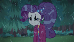 Size: 600x338 | Tagged: safe, derpibooru import, screencap, rarity, equestria girls, equestria girls series, inclement leather, spoiler:choose your own ending (season 2), spoiler:eqg series (season 2), animated, female, forest, gif, outdoors, rain, sad, solo, suede jacket