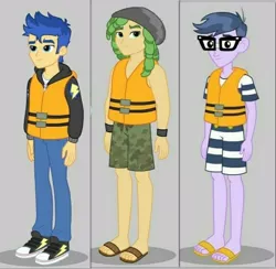 Size: 694x676 | Tagged: safe, derpibooru import, flash sentry, microchips, sandalwood, equestria girls, equestria girls series, spring breakdown, leak, spoiler:eqg series (season 2), arms, clothes, converse, feet, glasses, legs, lifejacket, male, male feet, sandals, shoes, shorts, smiling, sneakers