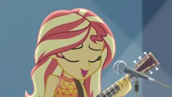 Size: 1920x1080 | Tagged: safe, derpibooru import, screencap, sunset shimmer, equestria girls, equestria girls series, let it rain, spoiler:eqg series (season 2), acoustic guitar, beautiful, cute, eyes closed, guitar, happy, microphone, microphone stand, musical instrument, open mouth, shimmerbetes, singing, smiling