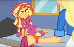 Size: 1421x917 | Tagged: safe, derpibooru import, applejack, sunset shimmer, equestria girls, equestria girls series, wake up!, spoiler:choose your own ending (season 2), spoiler:eqg series (season 2), barefoot, bed, bed hair, bed mane, clothes, cropped, feet, glare, grumpy, humans doing horse things, pajamas, shrunken pupils, sunset shimmer is not amused, unamused, wake up!: applejack