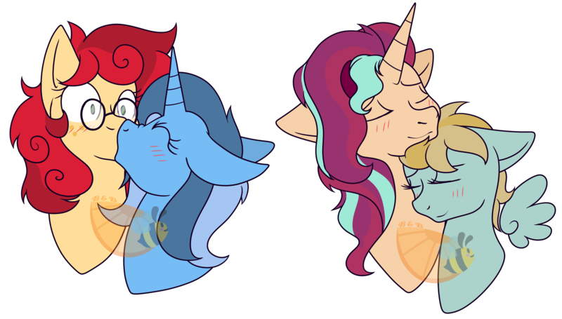 Size: 4000x2273 | Tagged: safe, artist:bitsandbees, derpibooru import, oc, oc:apple berry, oc:dusk fire (ice1517), oc:jasper (ice1517), oc:twinkle mint, unofficial characters only, earth pony, pegasus, pony, unicorn, icey-verse, blushing, bust, commission, cute, eyes closed, female, freckles, french kiss, gay, glasses, kissing, lesbian, magical lesbian spawn, male, mare, nuzzling, oc x oc, offspring, parent:applejack, parent:lightning dust, parent:limestone pie, parent:minuette, parent:starlight glimmer, parent:strawberry sunrise, parent:sunset shimmer, parent:trixie, parents:applerise, parents:limedust, parents:minixie, parents:shimmerglimmer, shipping, simple background, stallion, surprised, trans boy, transgender, transparent background, watermark, ych result